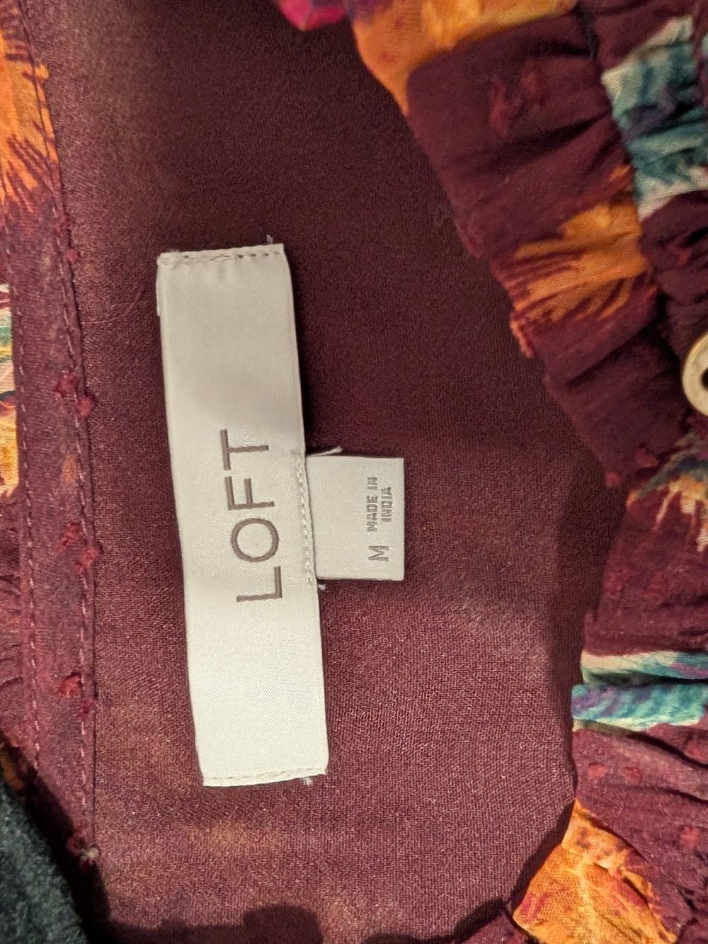 LOFT Burgundy Feather-Print Ruffled Shell Top - Picture 3 of 3